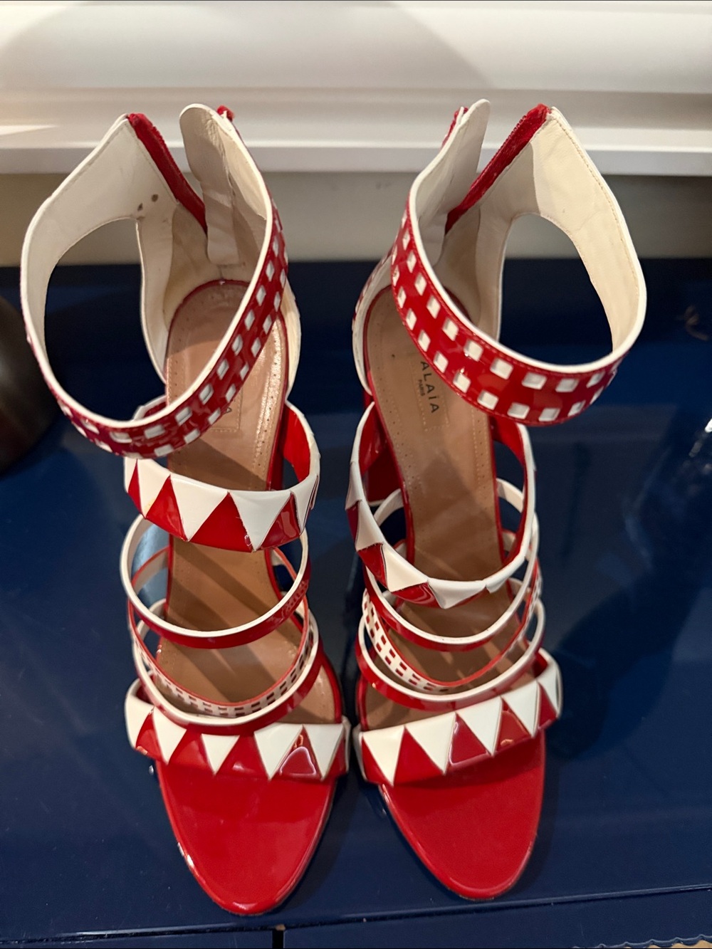 Alaia Red and White Geometric Strappy Patent High-Heel Sandals